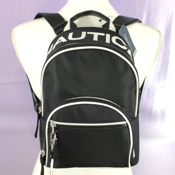 Nautica Bilateral Mini Backpack Black Nylon White Trim – NWT $89 - Picture 1 of 13